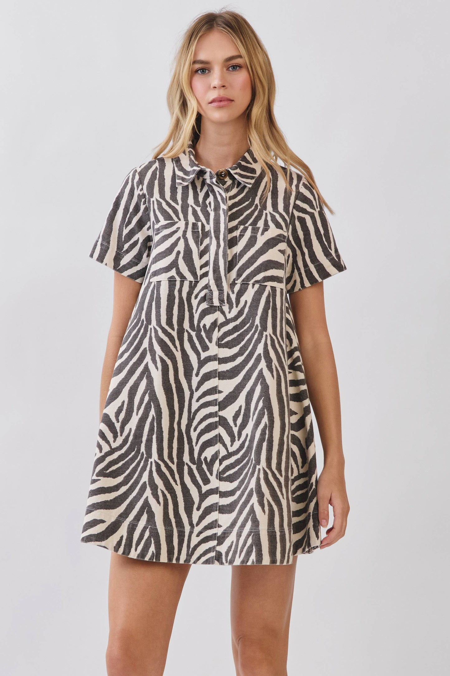 CD07293-Zebra Print Button Down Collared Mini Dress