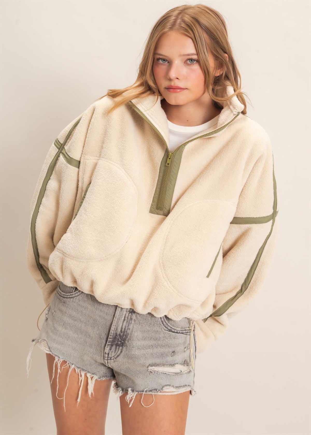 HALF ZIP FLEECE PULLOVER - LIGHT BEIGE