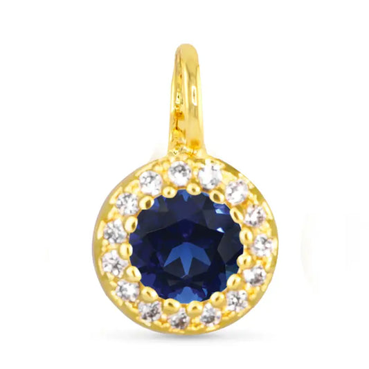 Blue Cz Halo Necklace Charm - Gold