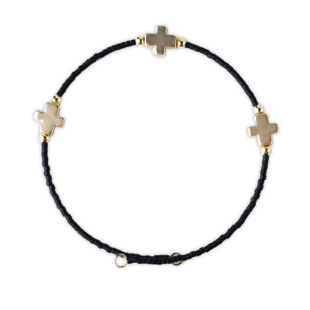 Faithful Beaded Cross Bangle w/ Matte Gold Crosses-Black