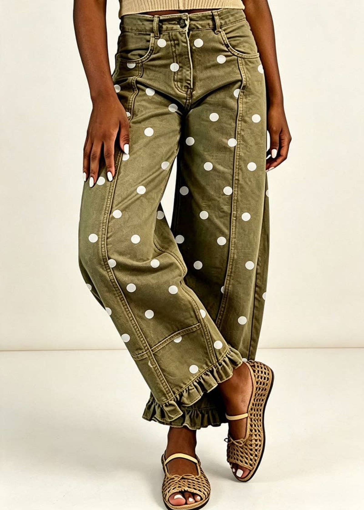 Polka Dot Ruffle Hem Baggy Jeans