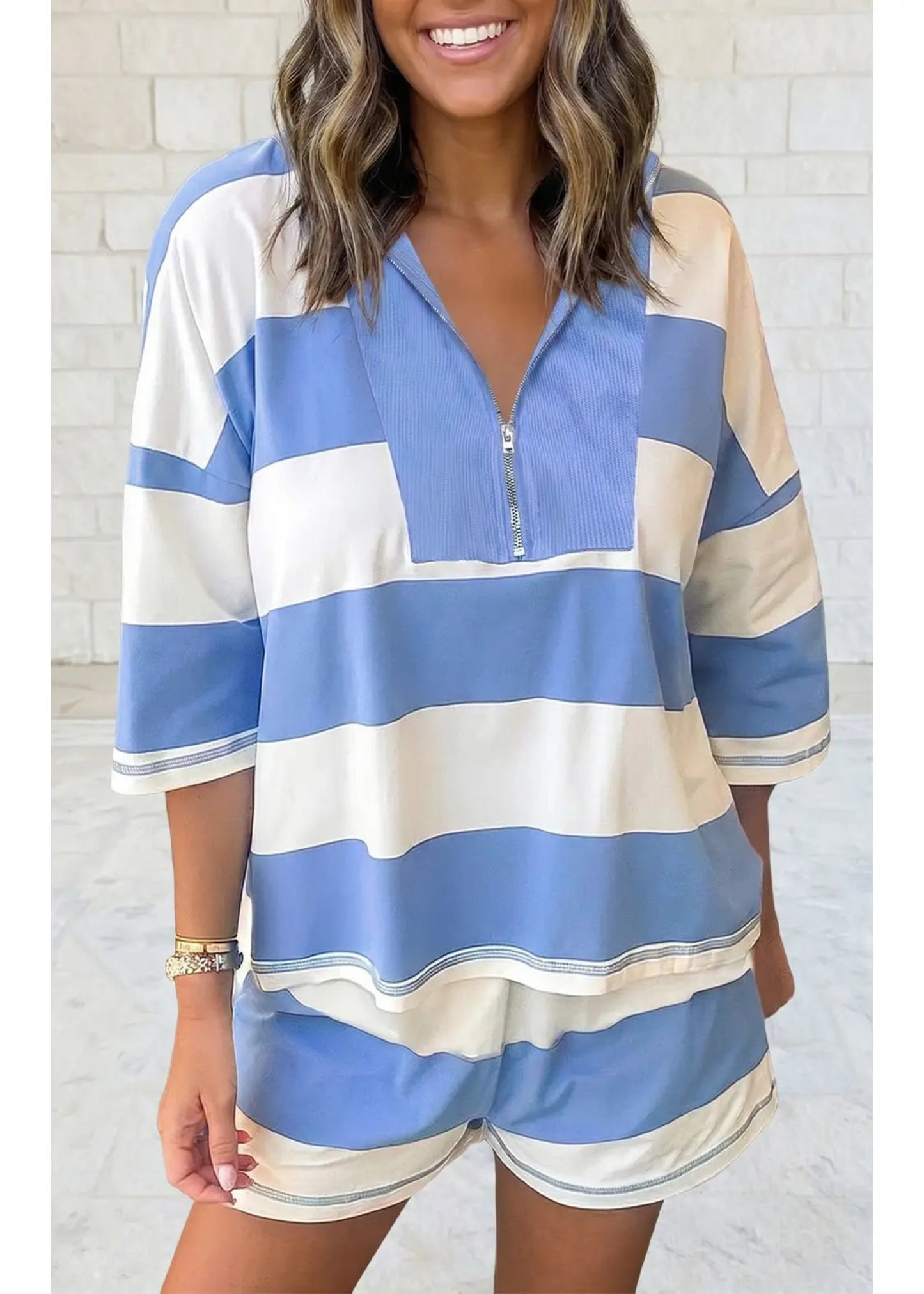 LAS Stripe Seam Half Zip Oversize Tee Shorts Set - BLUE AND WHITE