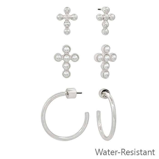 Water Resistant Set of 3 Silver Cross, Hoop, and Pearl Cross Earrings
