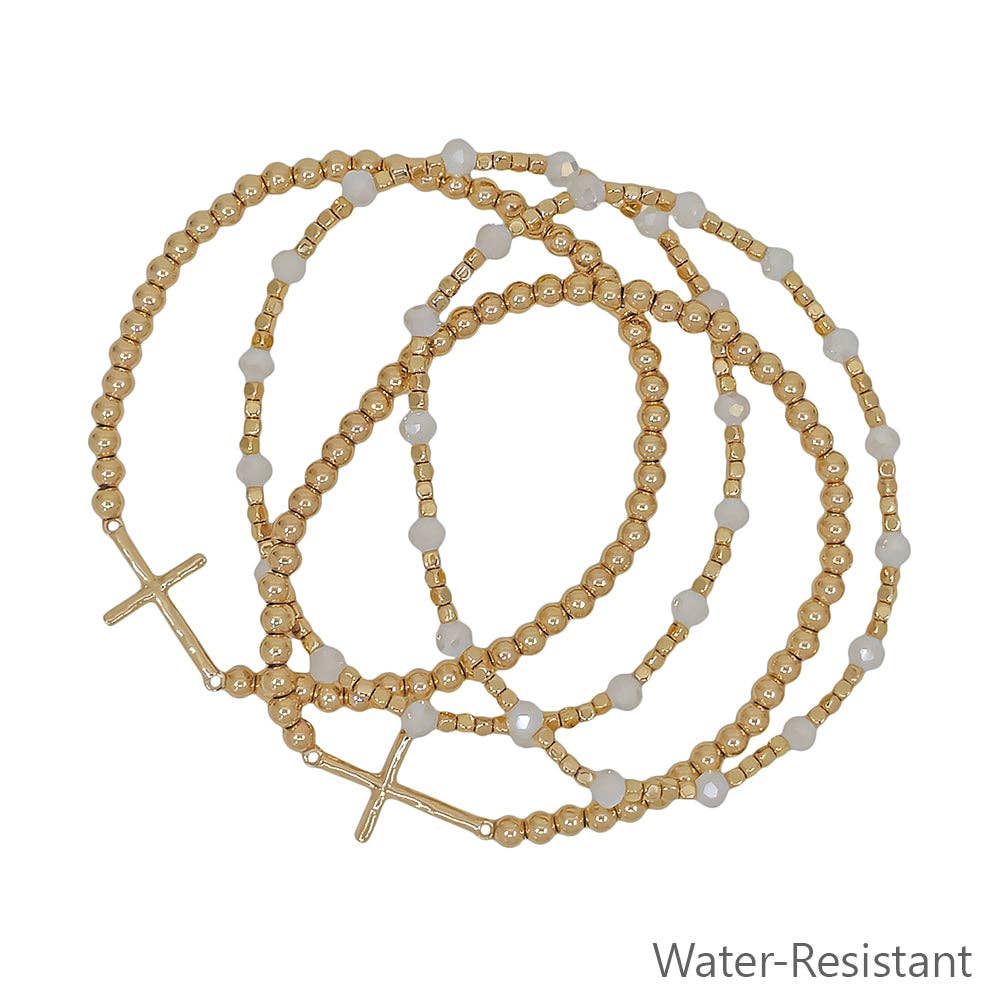 Water Resistant Set of 4 4MM and 2MM White Beaded Stretch Bracelets