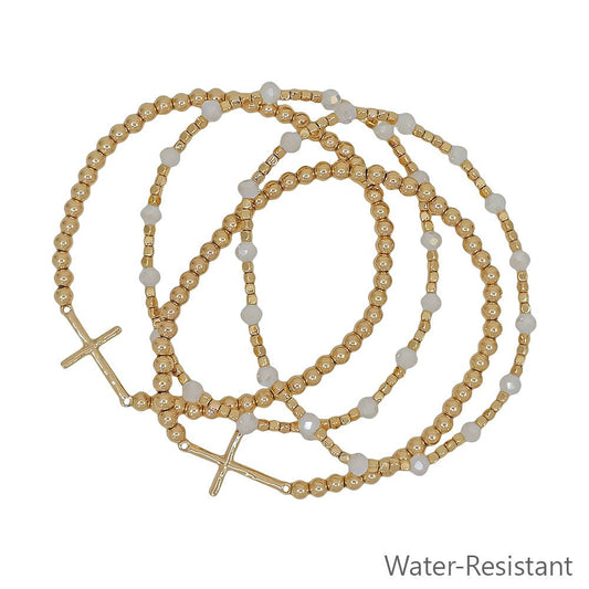 Water Resistant Set of 4 4MM and 2MM White Beaded Stretch Bracelets