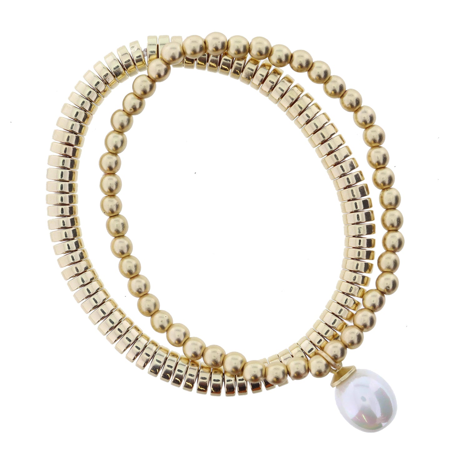 Set of 2, Gold Discs, Gold Ball Beaded with Pearl Bracelet