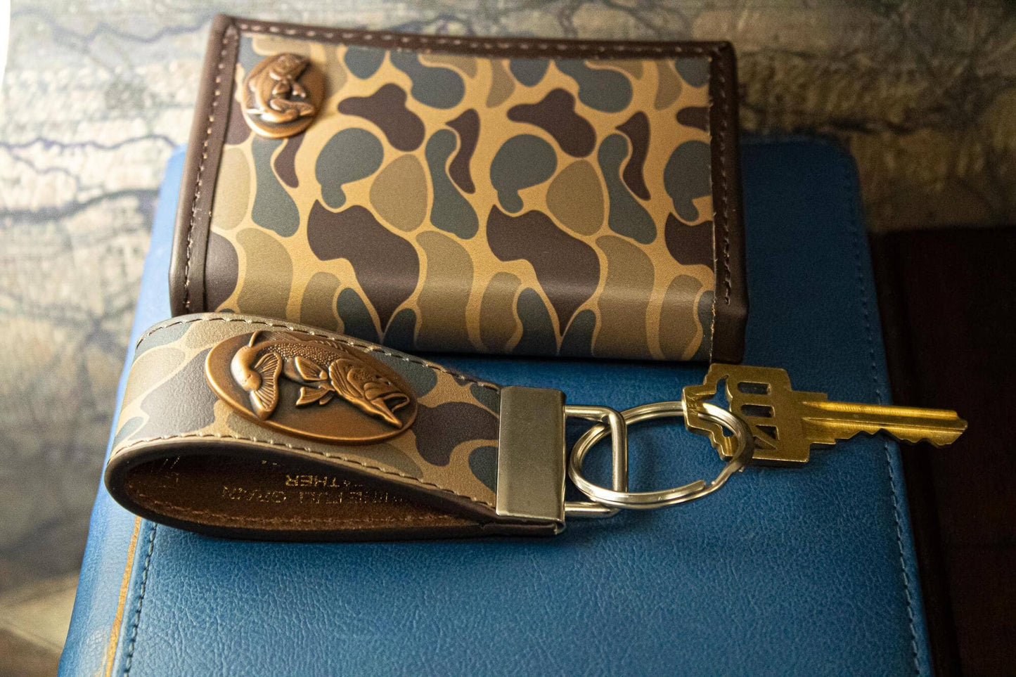 Bass Fishing Old School Camo Leather Loop Keychain.
