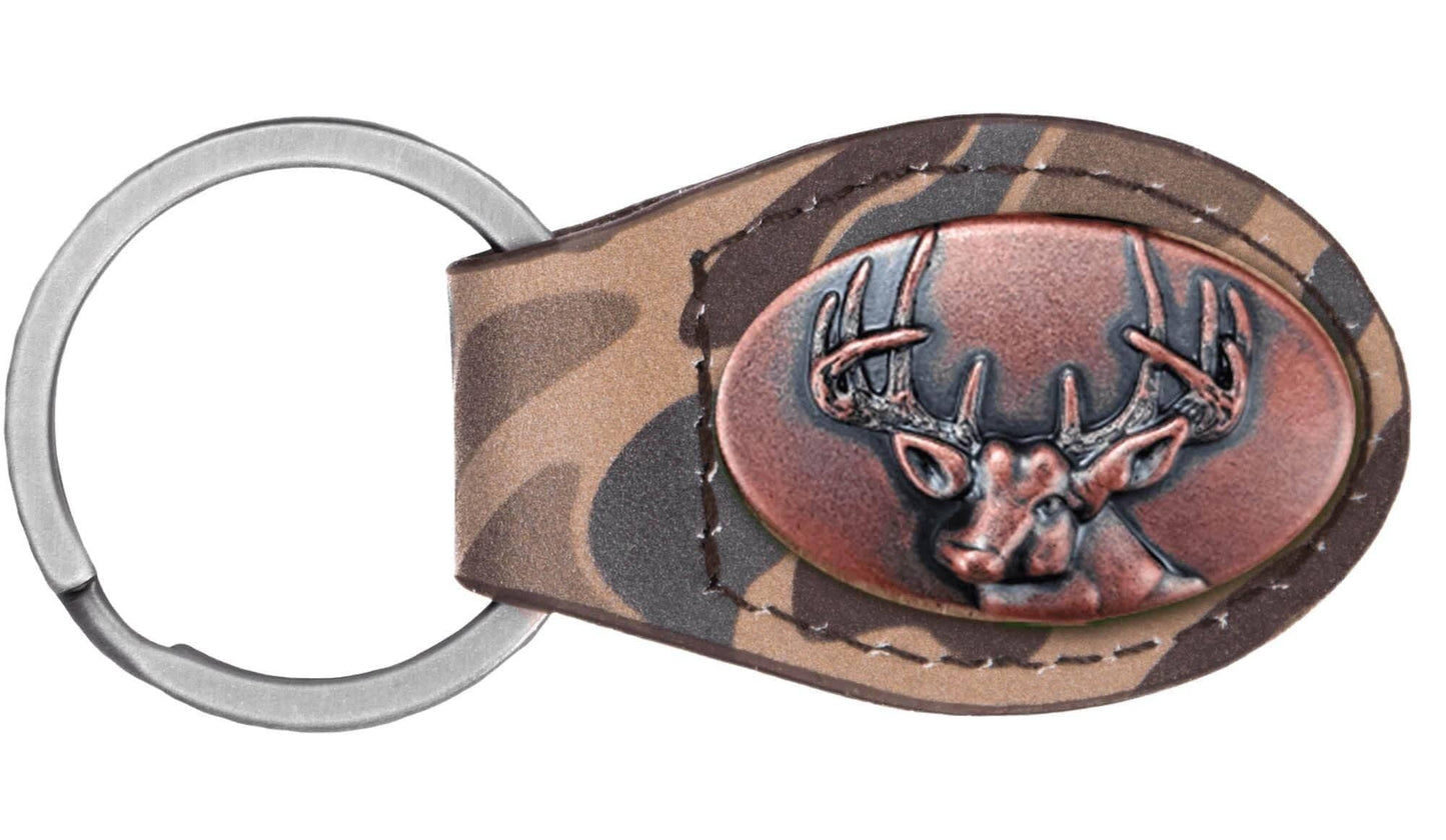 Brown Old School Camo Leather Key Fob. Bass, Lab, Deer, Mallard, Turkey, Shot Shell, USA Flag