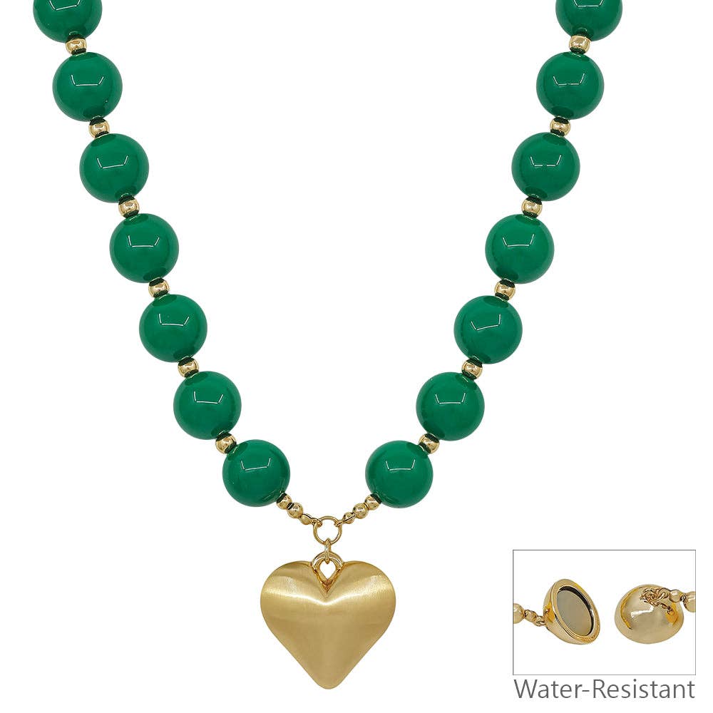 16MM Green Beaded with Heart Necklace