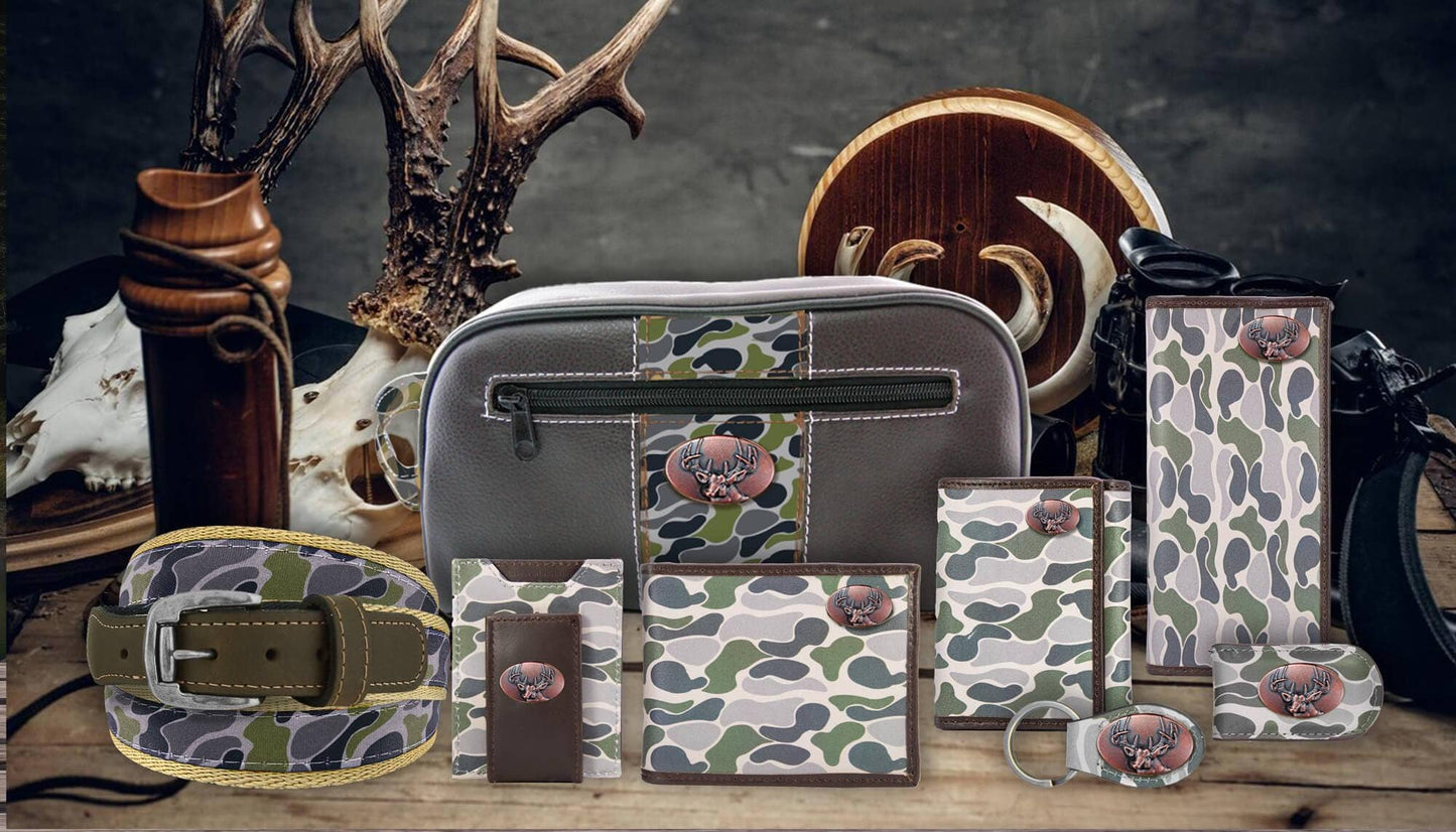 Green Old School Camo Leather Key Fob. Bass, Lab, Deer, Mallard, Turkey, Shot Shell, USA Flag
