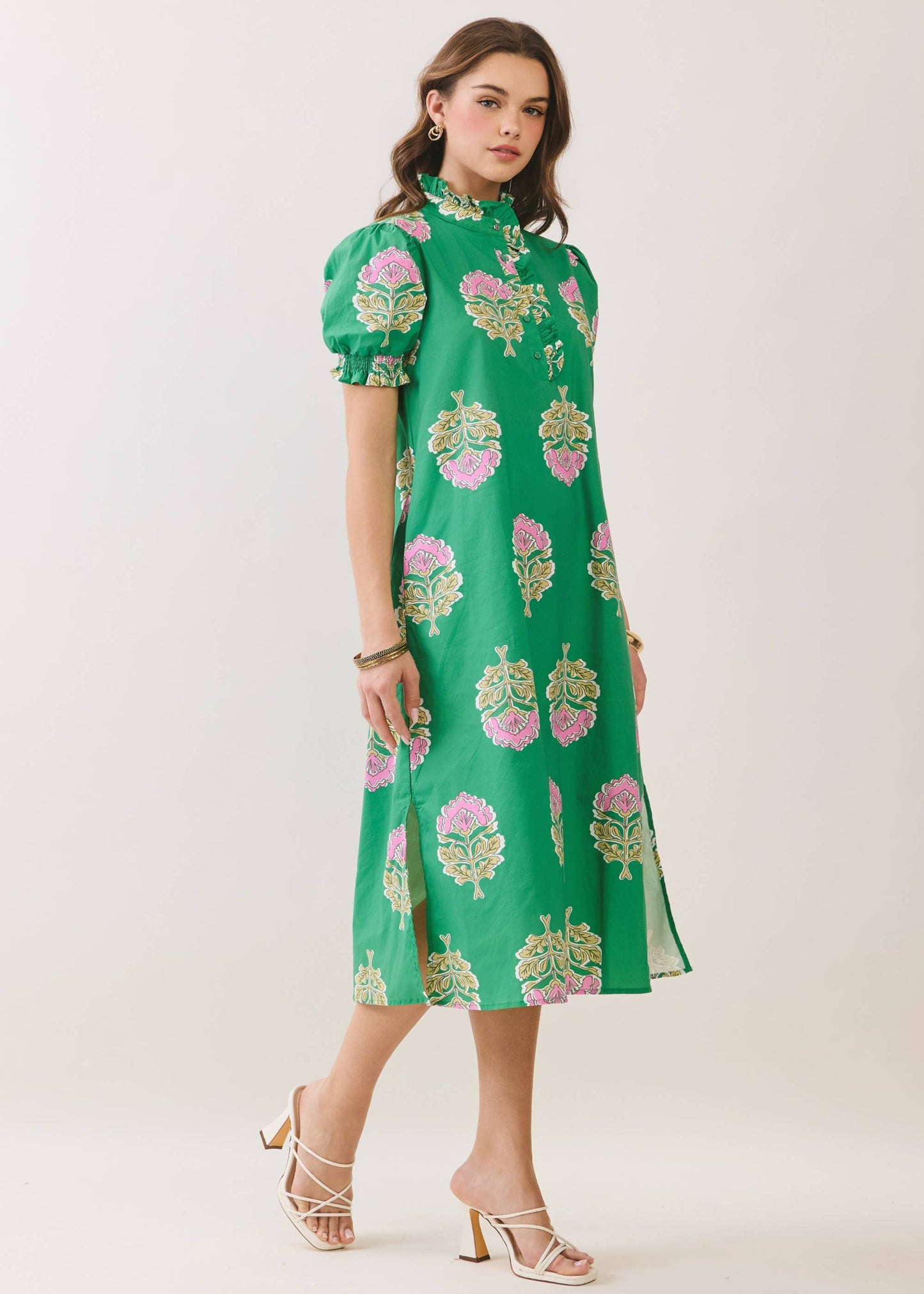 Floral Print Ruffle Collar Button Down Midi Dress
