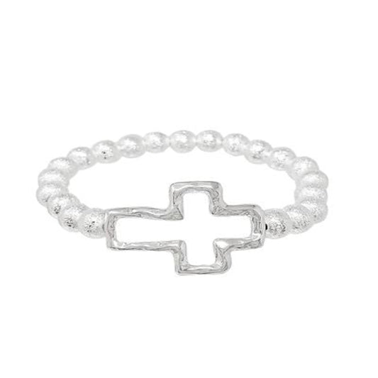 CROSS & TEXTURED METAL BALL BRACELET-SILVER