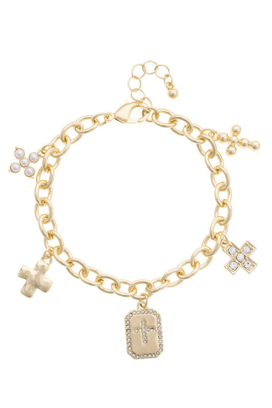 Maxine Pave Cross Icons Charm Bracelet in Shiny Gold