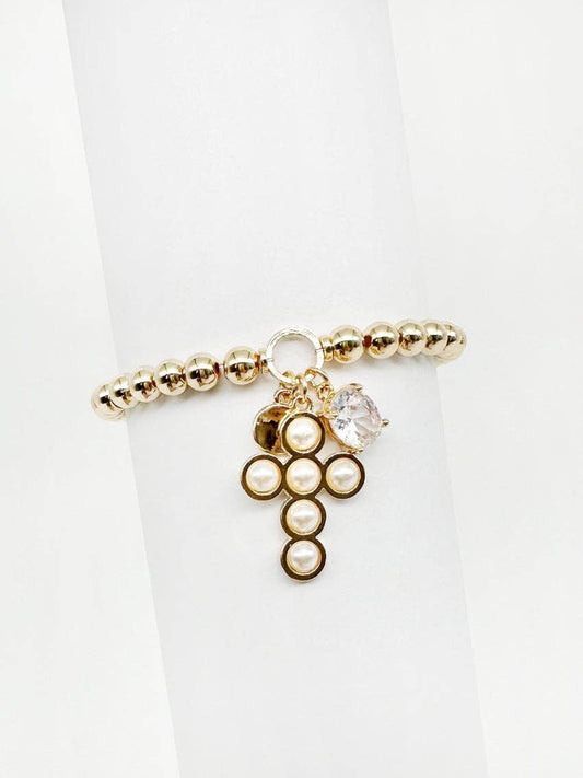 Gold Beaded Stretch Bracelet with Pearl Dotted Cross and Crystal Charms