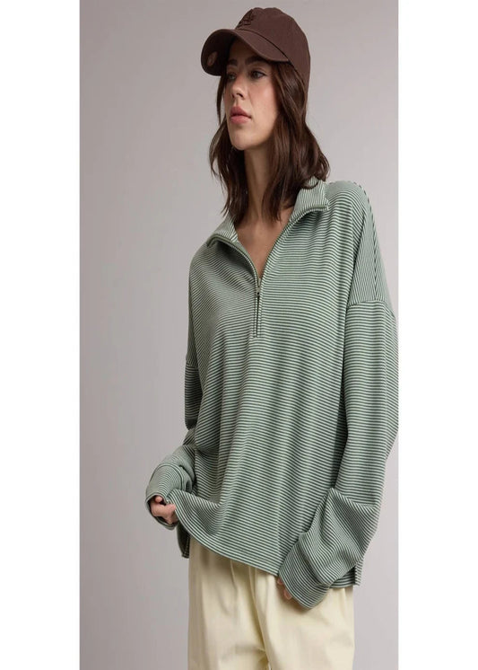 Striped Half Zip Up Knit Pullover - GREEN/SKY