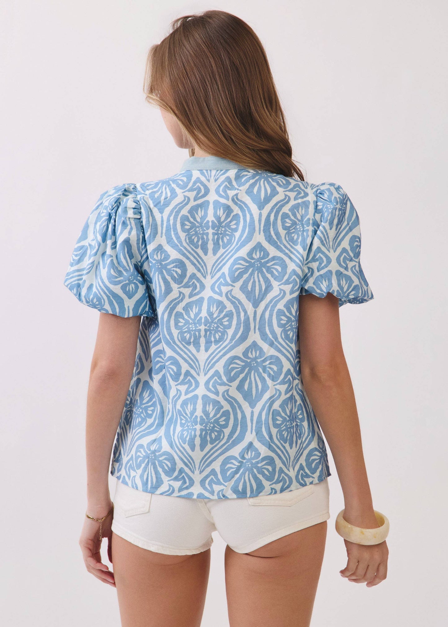 Floral Split Neckline Puff Sleeve Blouse