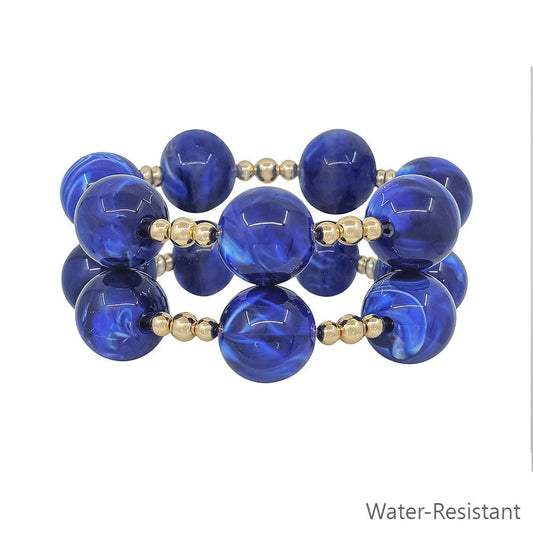 Water Resistant Set of 2 Gold Beaded with 20MM Large Royal Blue Stretch Bracelets