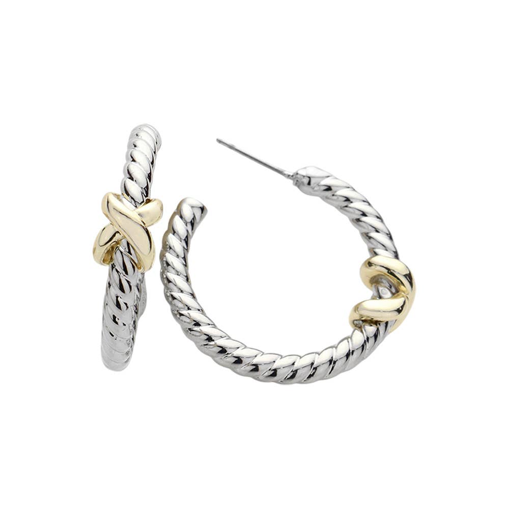 14K Gold Plated Two Tone Crisscross Pointed Hoop Earrings