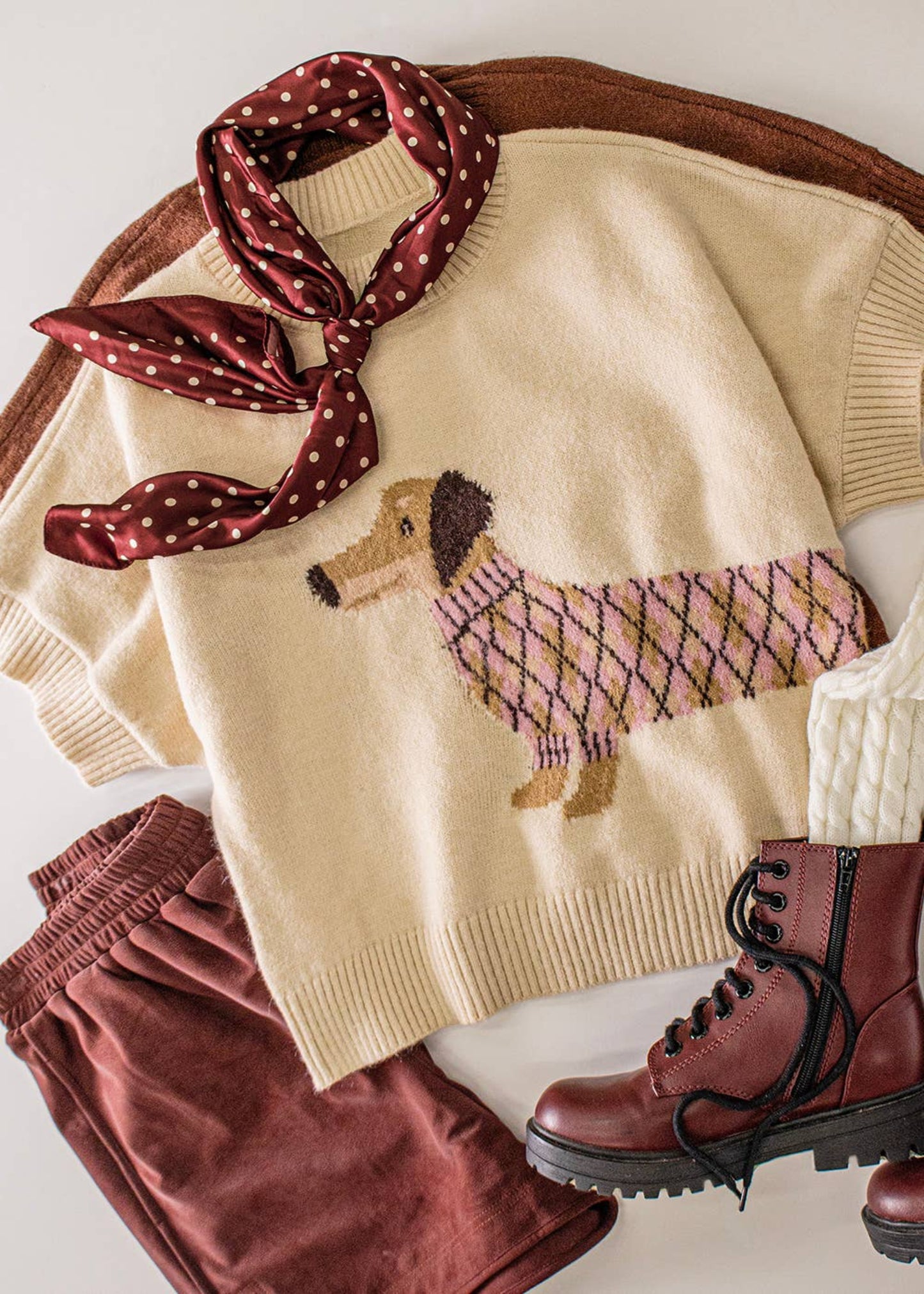 Dog Graphic Short Sleeve Knit - Oatmeal