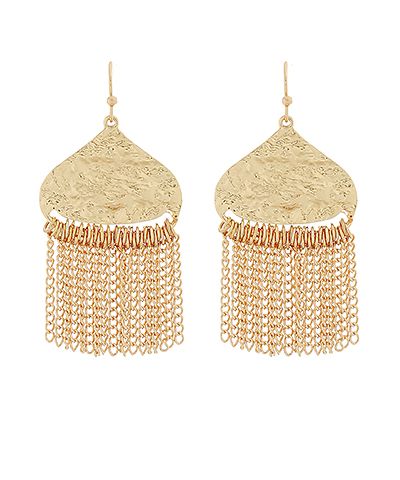 Hammered Teardrop w/Chain Tassel Earrings