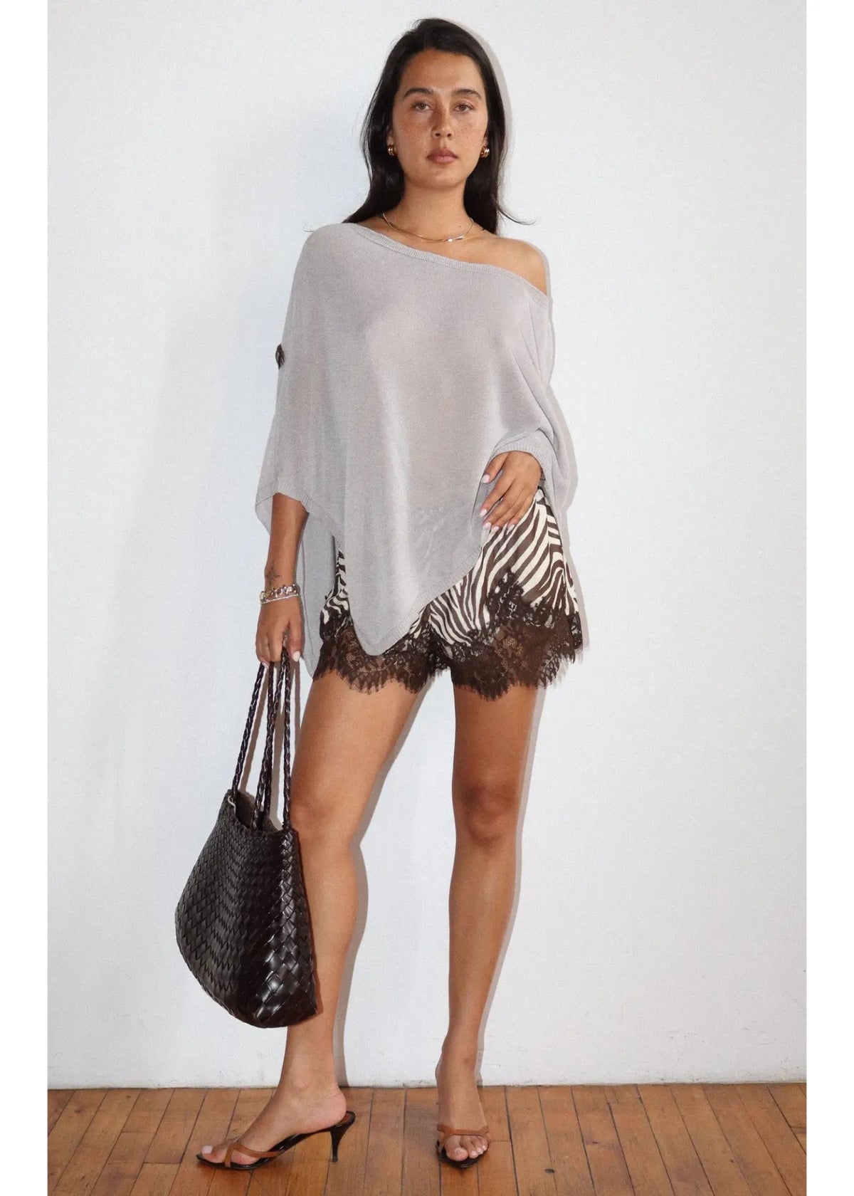 ZEBRA PRINT LACE TRIM SHORTS - CREAM/BROWN