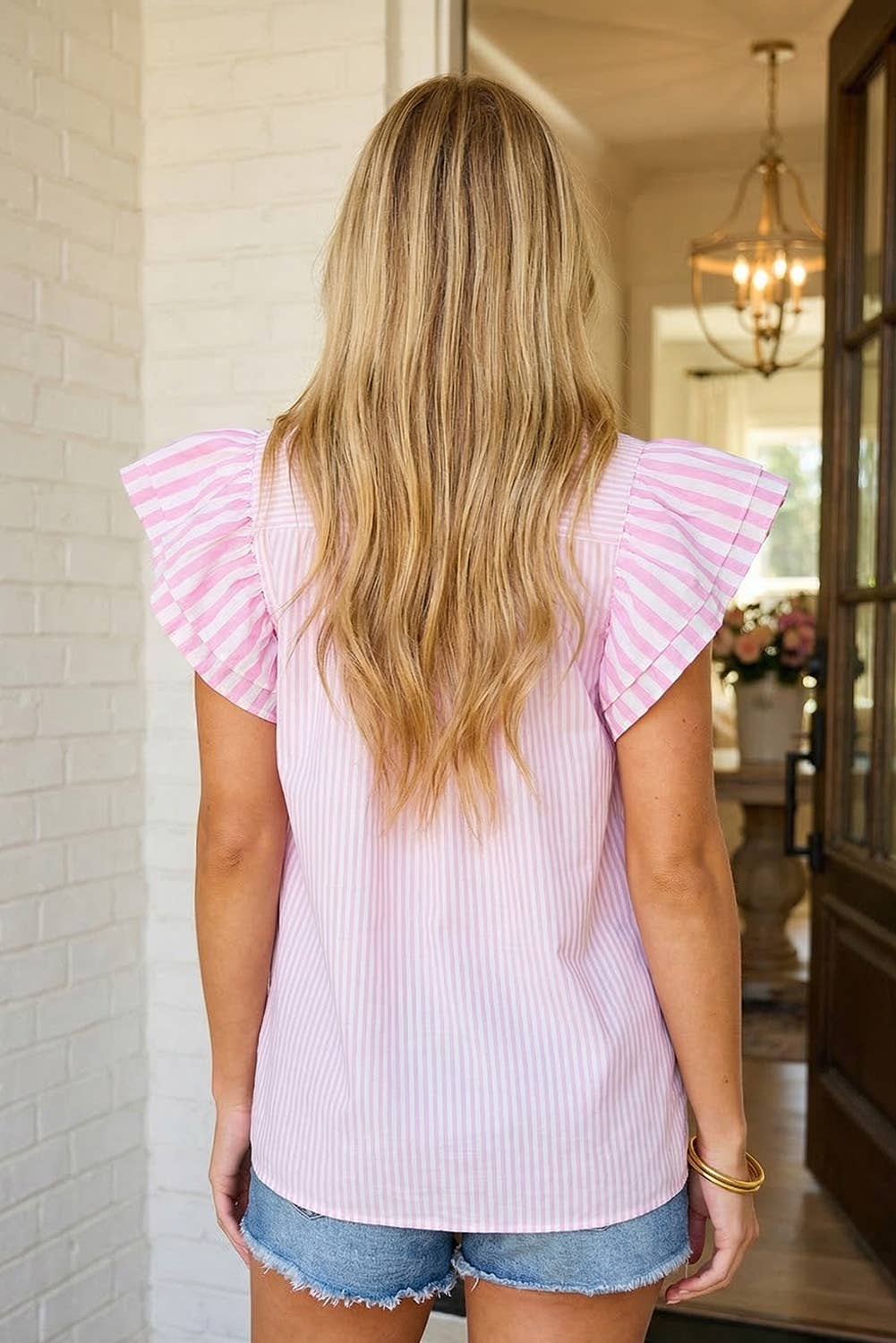 LAS Stripe Contrast V Neck Flutter Sleeve Blouse