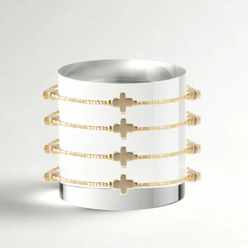 Faithful Beaded Cross Bangle w/ Matte Gold Crosses-Gold