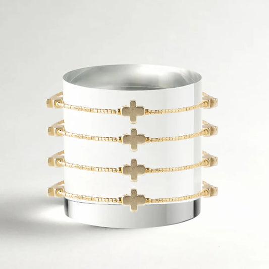 Faithful Beaded Cross Bangle w/ Matte Gold Crosses-Gold