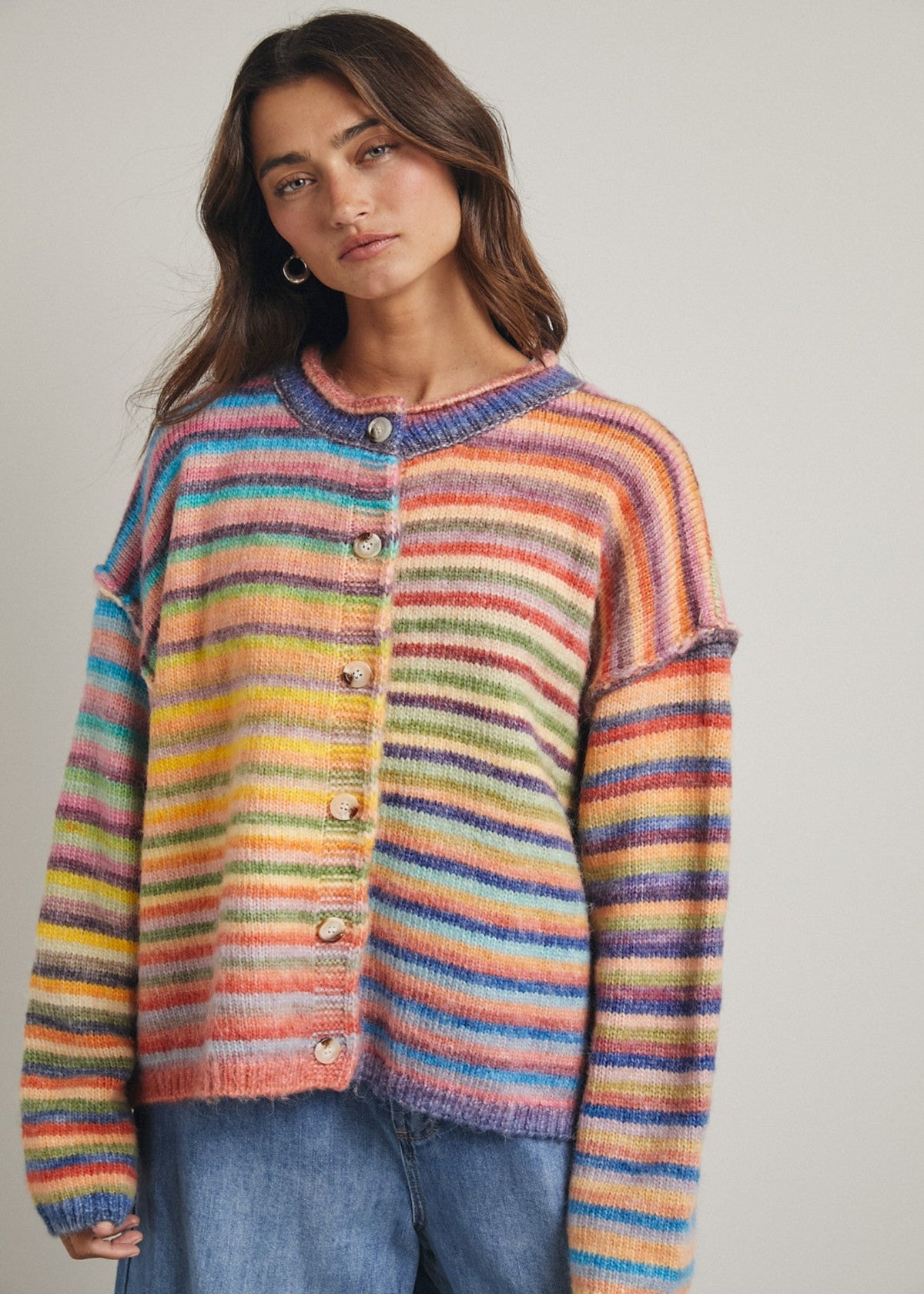 Rainbow Button-up Knit Sweater Cardigan