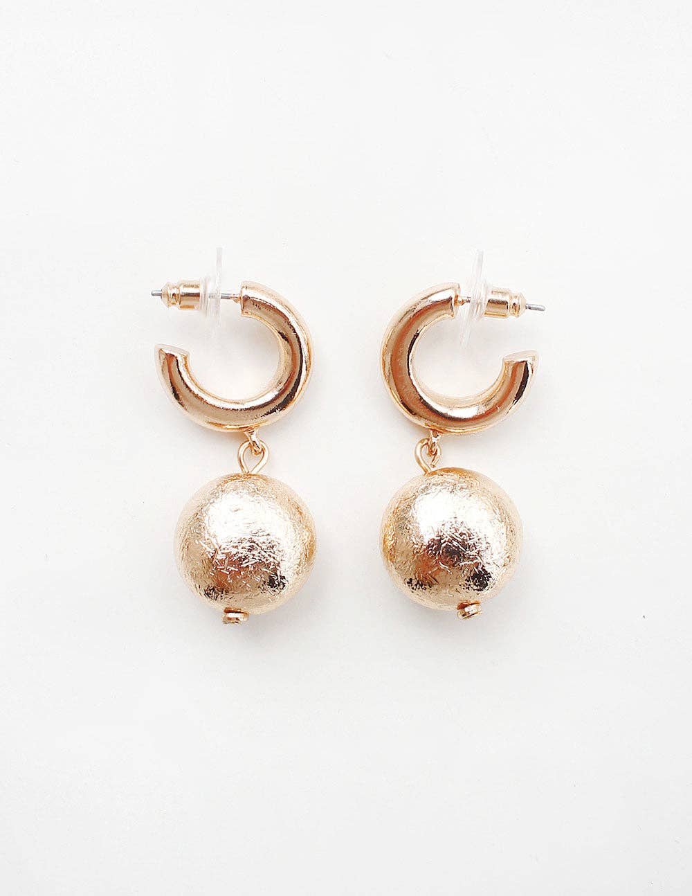 Gold Huggie Hoop with Textured Beaded Ball Accent 1.5" Earring