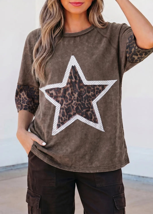 LEOPARD STAR GRAPHIC TEE - COFFEE