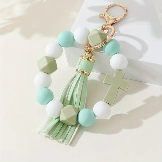 Chic Silicone Beaded Wristlet Keychain with Cross Charm & Tassel