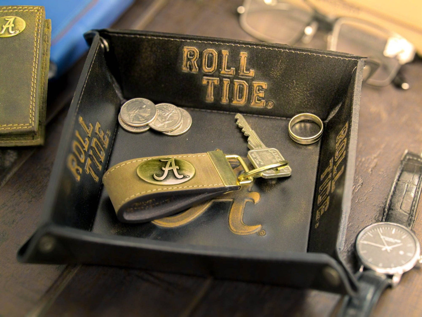 Leather Loop Key Fob. Crazyhorse Full Grain Leather With Antique Brass Logo. Bass, Dog, Deer, Mallard