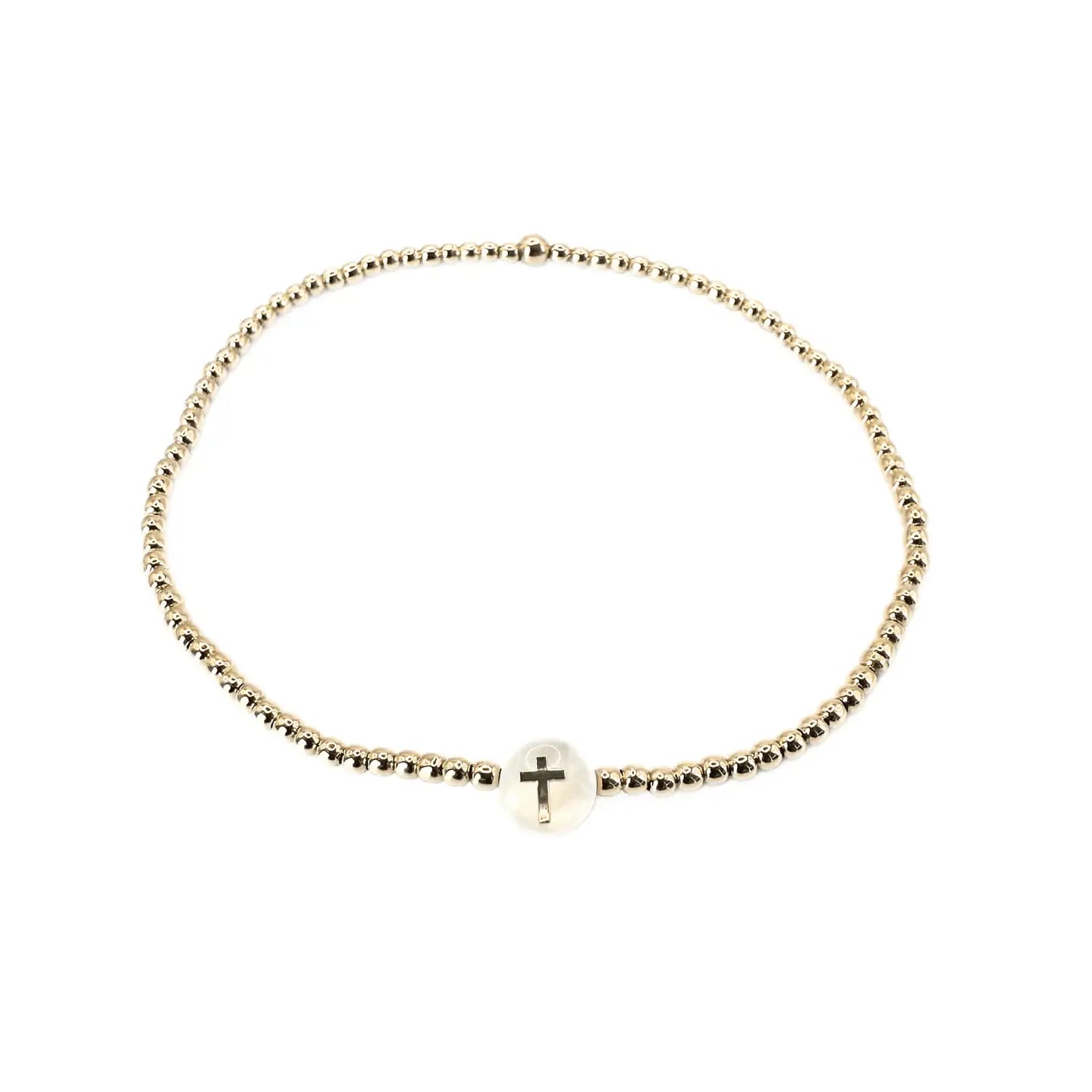 2mm GOLD FILLED CROSS MOTHER OF PEARL CHARM WATERPROOF BRACELET