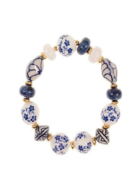 MIXED SHAPE CERAMIC BEAD BRACELET-BLUE/GOLD