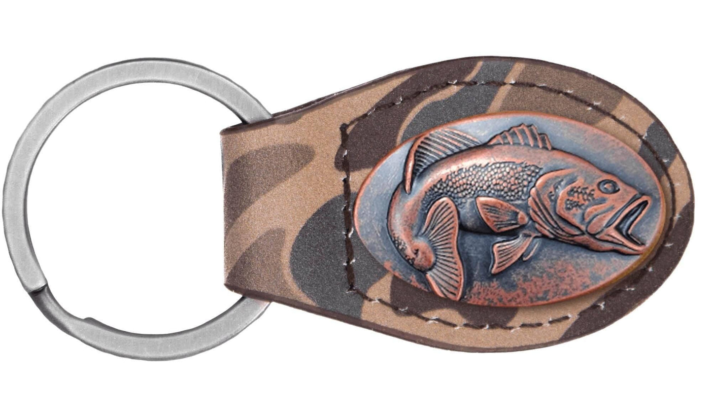 Brown Old School Camo Leather Key Fob. Bass, Lab, Deer, Mallard, Turkey, Shot Shell, USA Flag