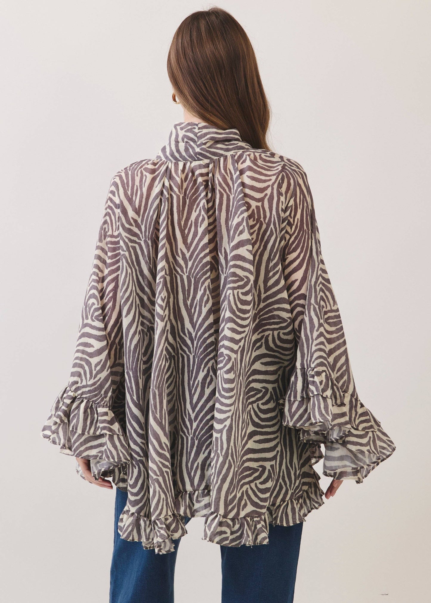 Zebra Print Ruffle Detail High Low Hem Blouse