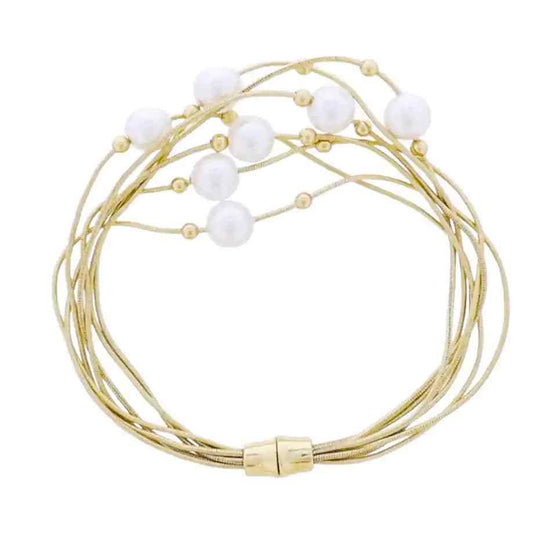 Gold Snake Rope Chain Multi Strand Bracelet w/ Pearl, Gold B