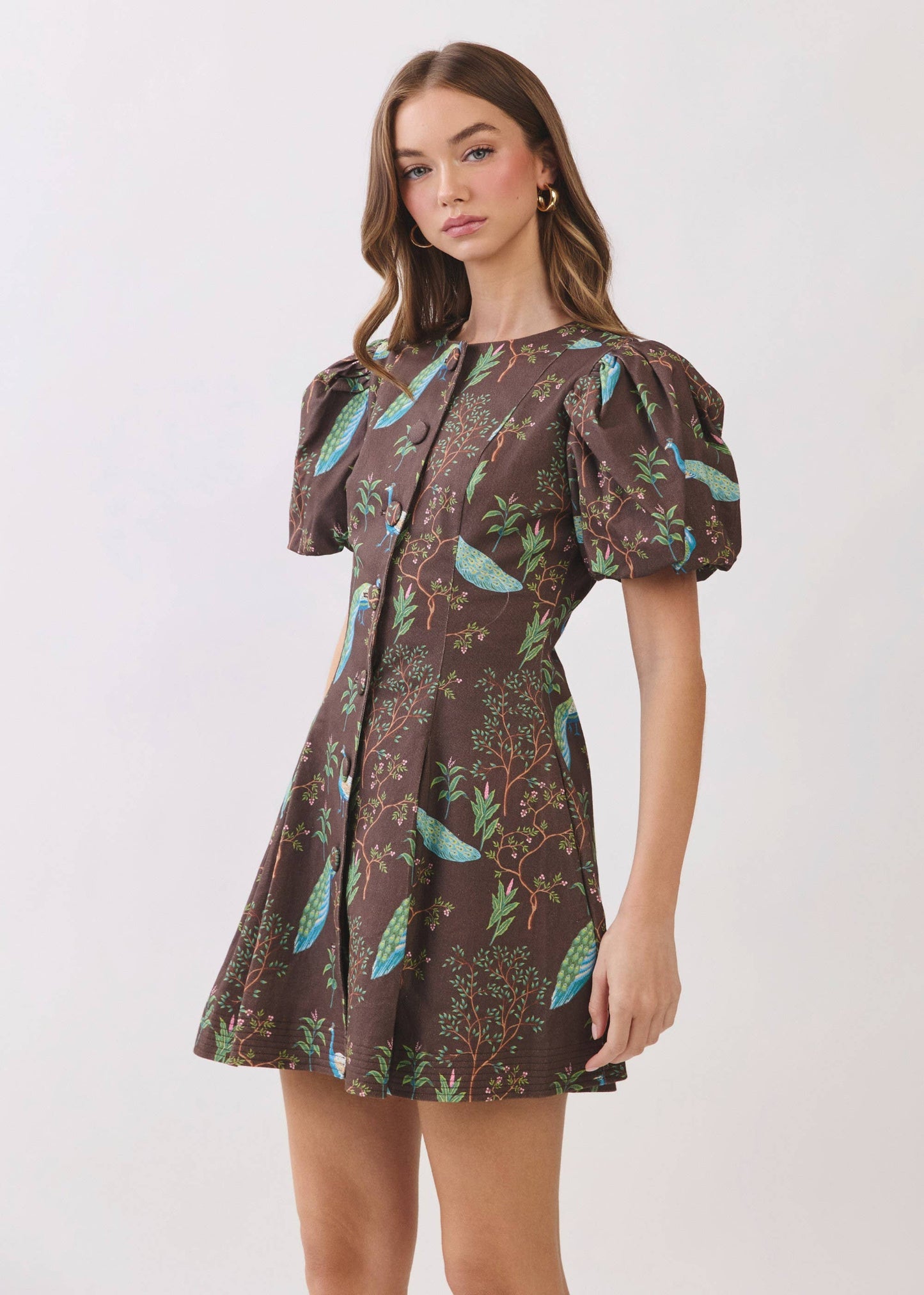 Peacock Print Puff Sleeve Button Down Mini Dress