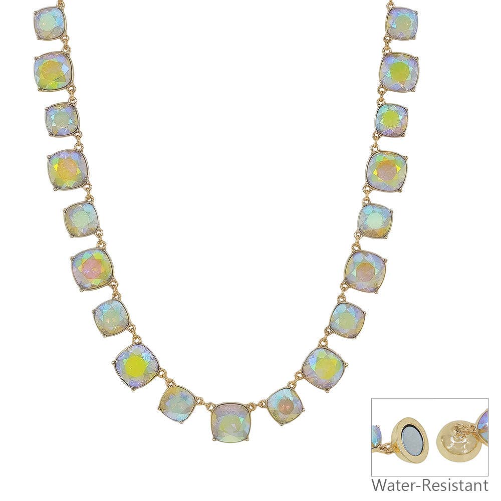 Water Resistant AB Crystal Square Statement Necklace