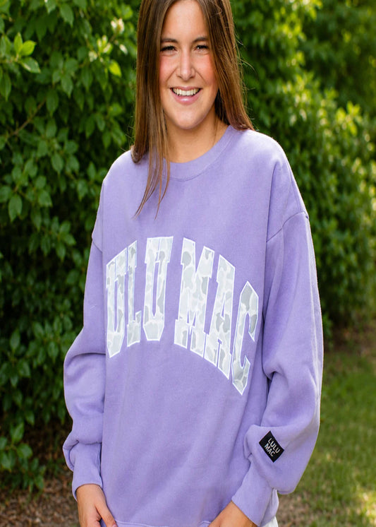 LULU MAC LAVENDER SWEATSHIRT - WHITE CAMO LETTERS