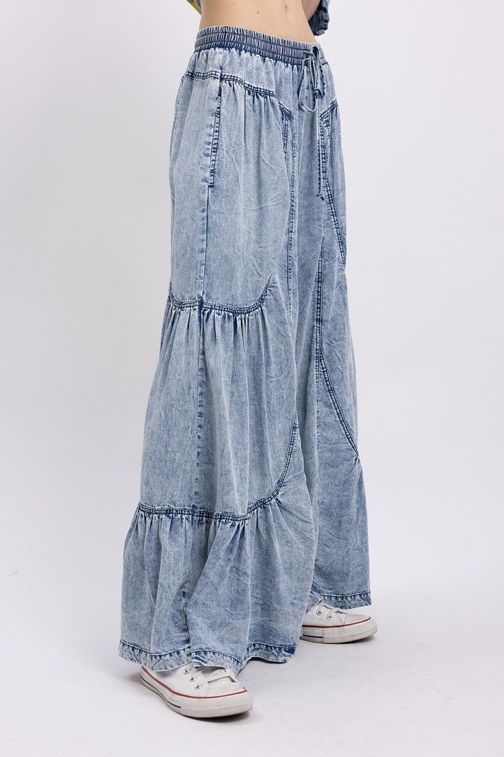 MINERAL WASHED MULTI-CUT WIDE LEG PANTS