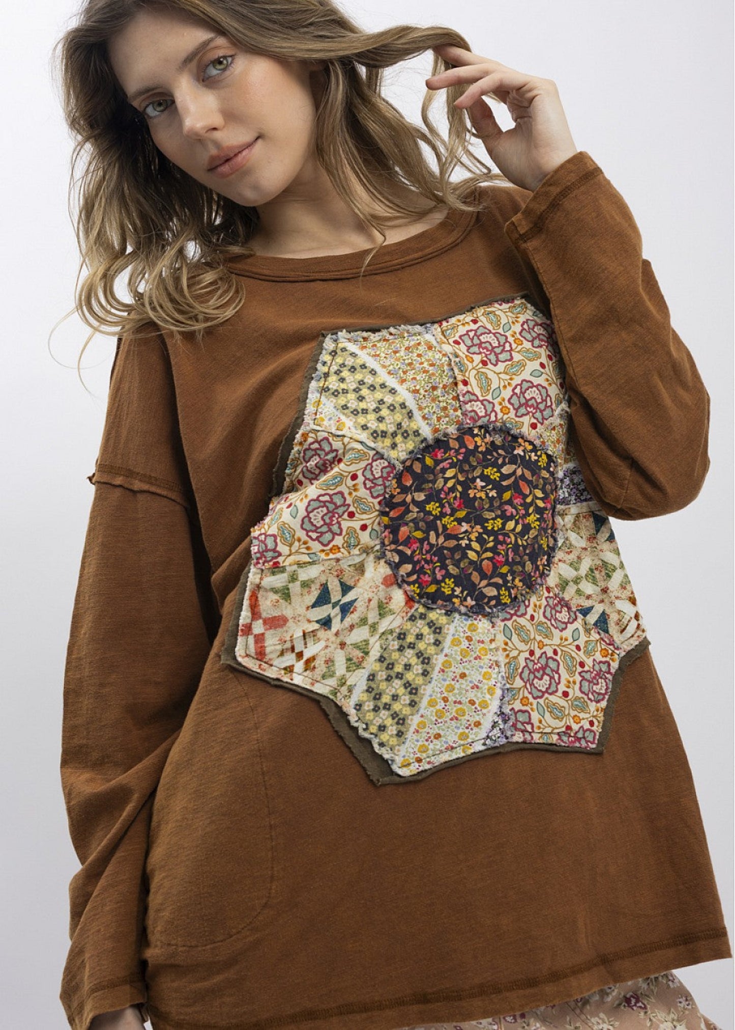 LONG SLEEVE FRONT PATCH WORK ROUND NECK SHIRT