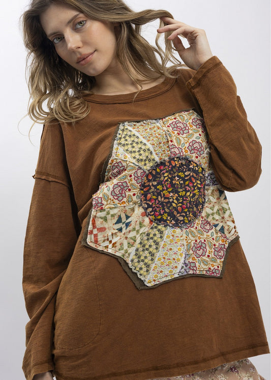 LONG SLEEVE FRONT PATCH WORK ROUND NECK SHIRT