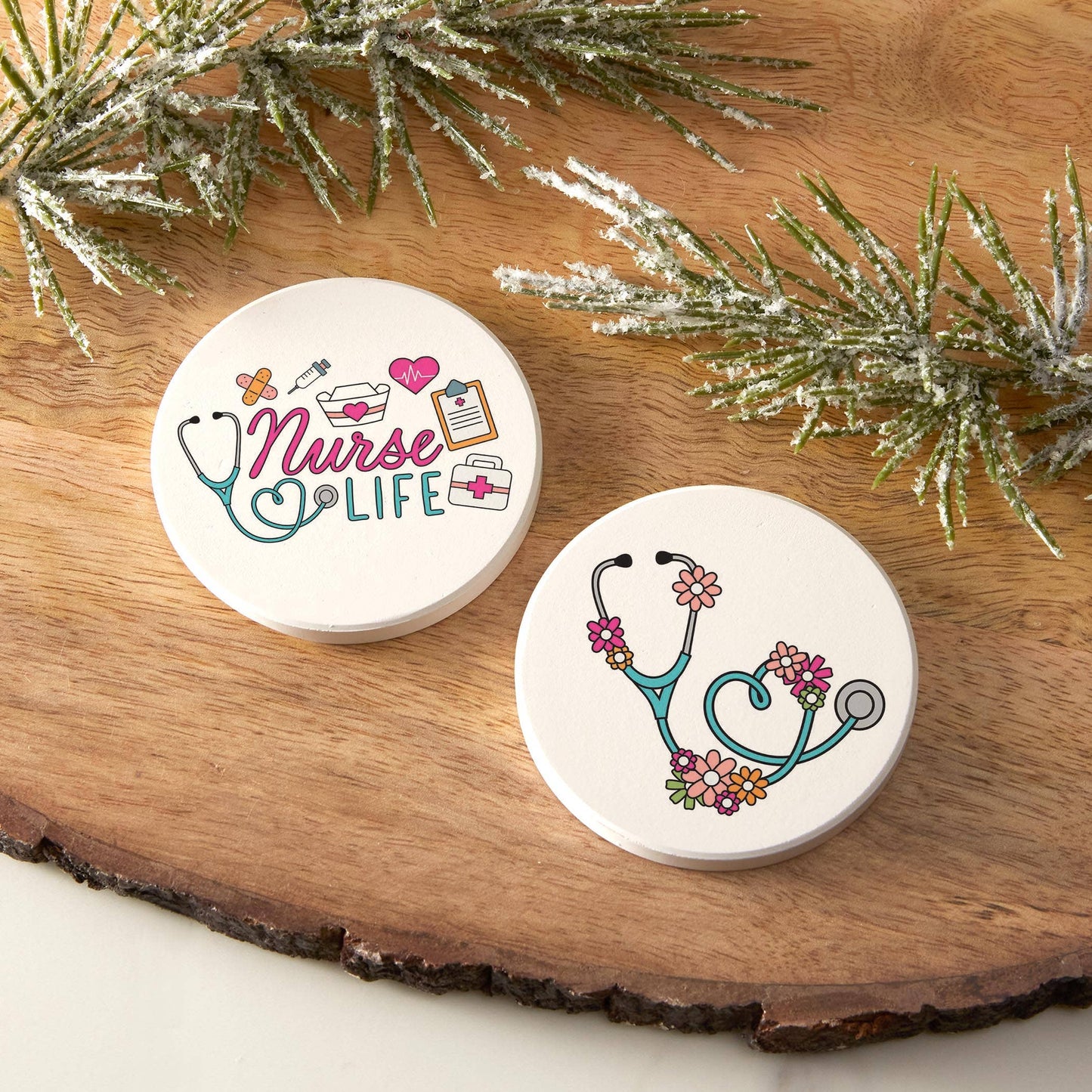 Car Coaster 2-Pack Kalia Lane-Nurse Life & Floral Stethoscope