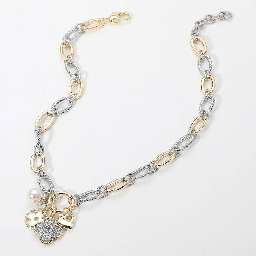 14K Gold Plated CZ Paved Quatrefoil Metal Heart Necklace