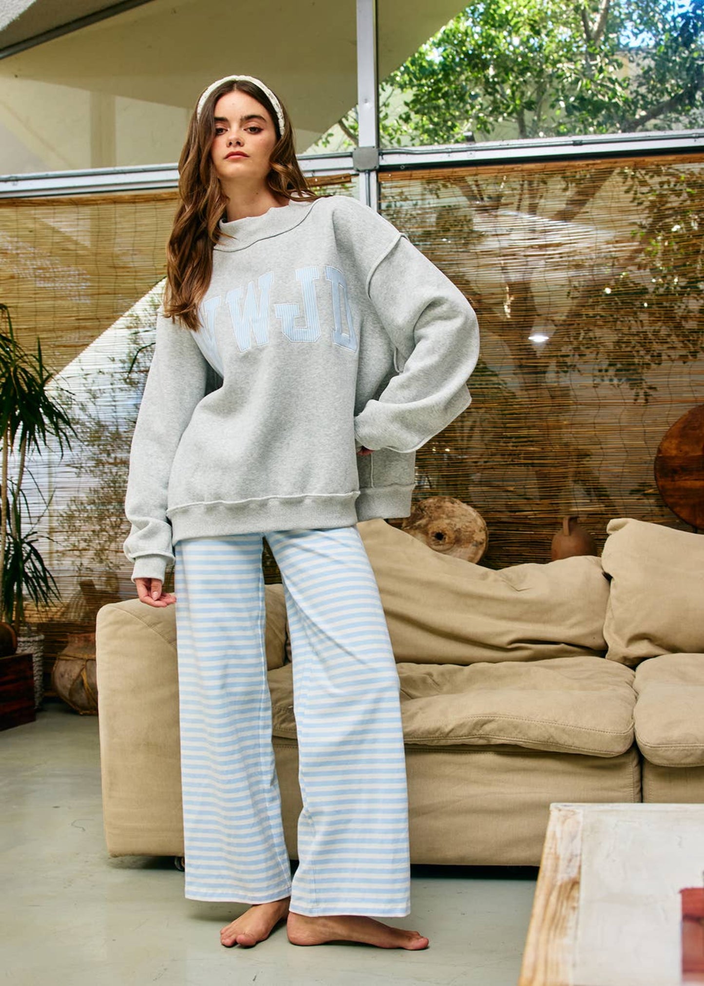 Stripe Embroidered "WWJD" Mock Neck Sweatshirt