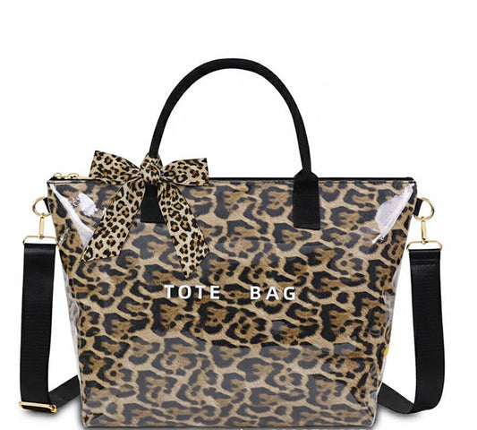 ZIP CHECKERED TOTE CROSSBODY LEOPARD WATERPROOF BEACH BAG - MEDIUM