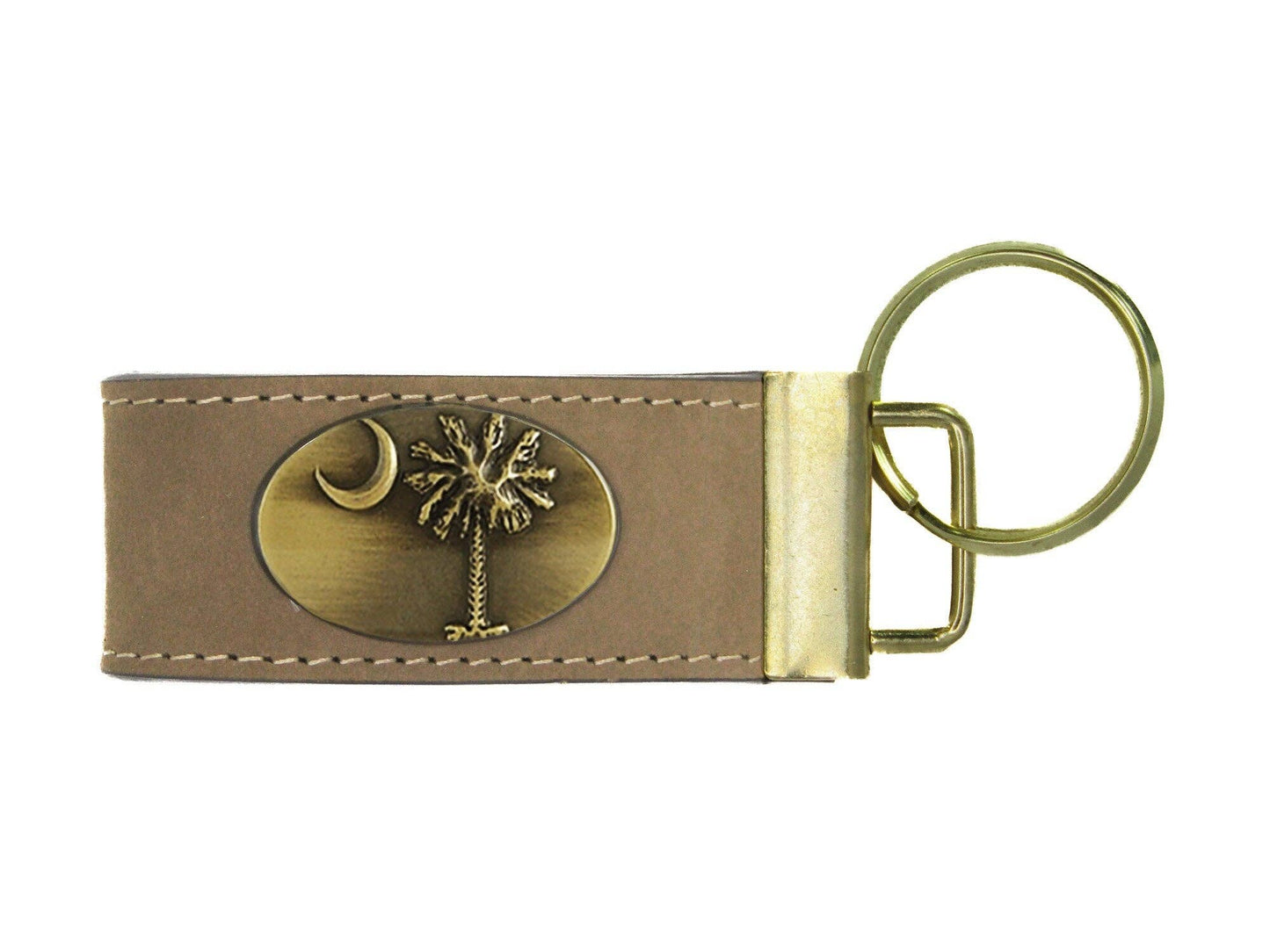 Leather Loop Key Fob. Crazyhorse Full Grain Leather With Antique Brass Logo. American Flag, Shotshell, SC Palmetto, Cotton Boll