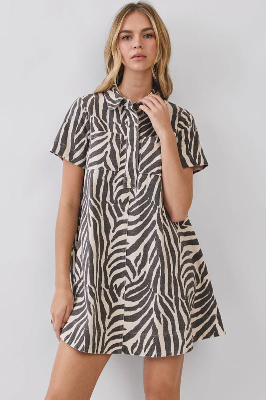 CD07293-Zebra Print Button Down Collared Mini Dress